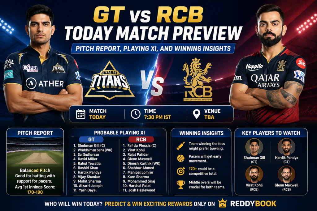 GT vs RCB Today Match Preview – Pitch Report, Playing XI, and Winning Insights – Reddybook